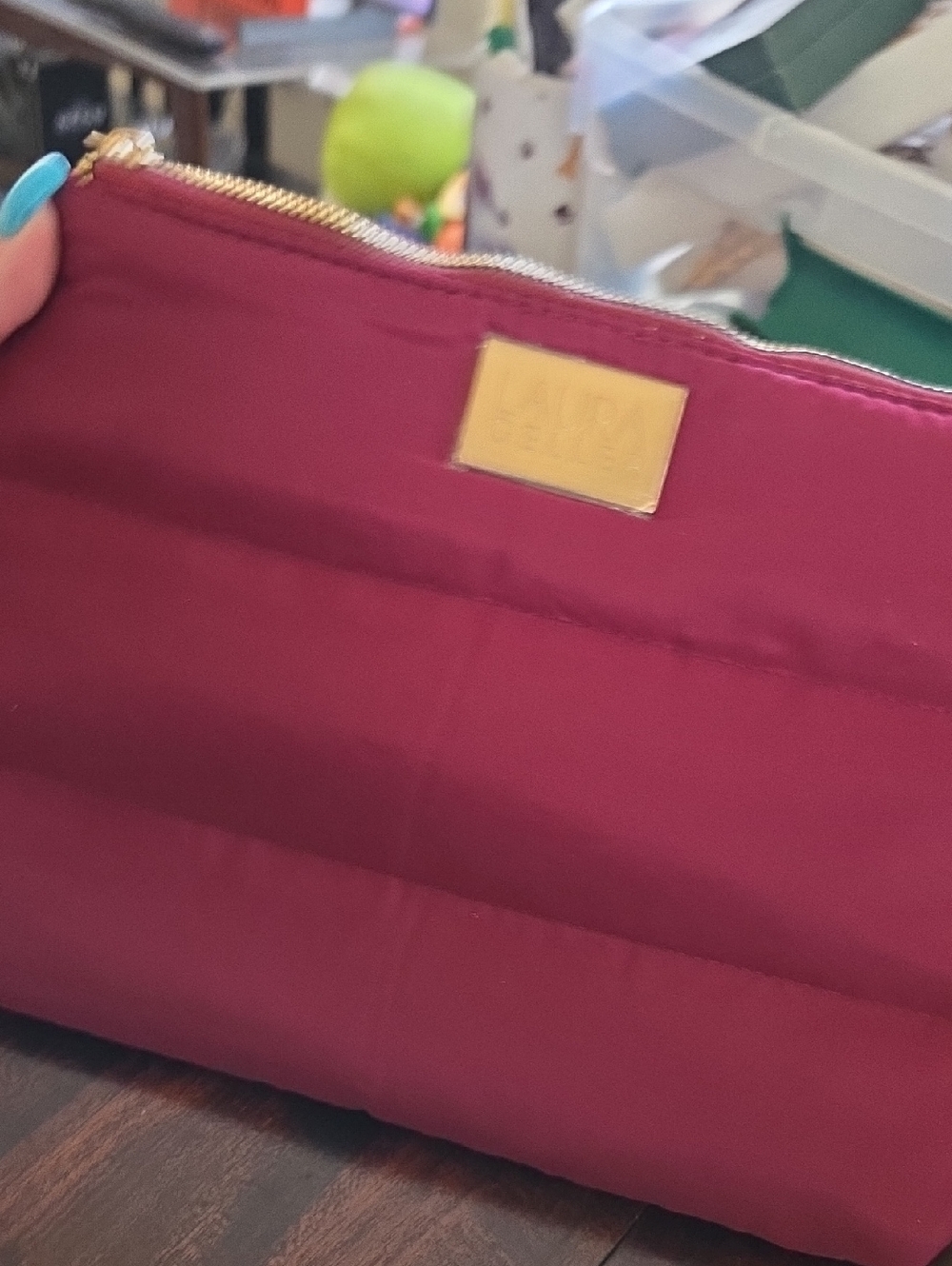 Laura Geller Quilted Magenta Cosmetic Pouch with Gold-Tone Plate